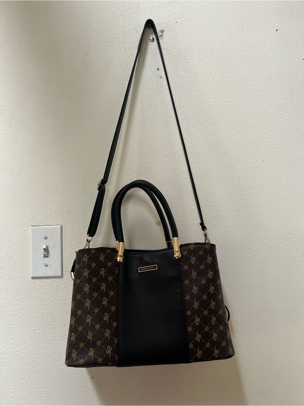 Charles & Keith Brown and Black Monogram Crossbody Handbag